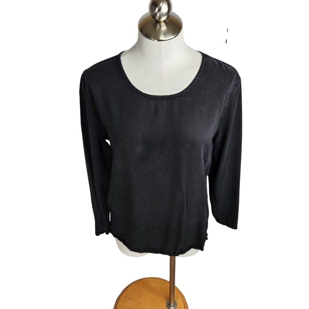 Tianello Womens Size Small Long‎ Sleeve Top Blouse Black Tencel Rayon USA